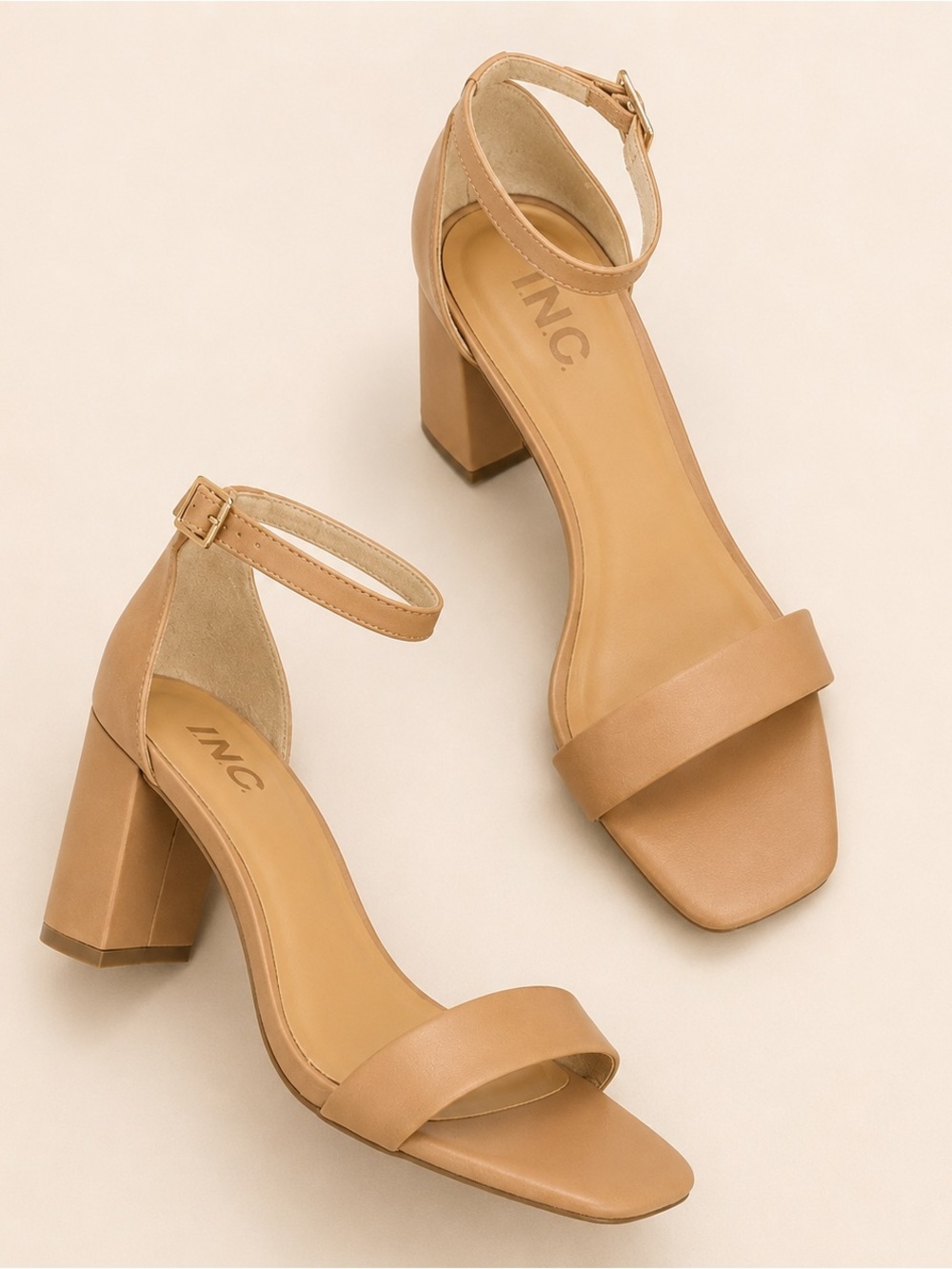 INC Nude Tan Block Heel Ankle Strap Sandals Square Toe Size 8M